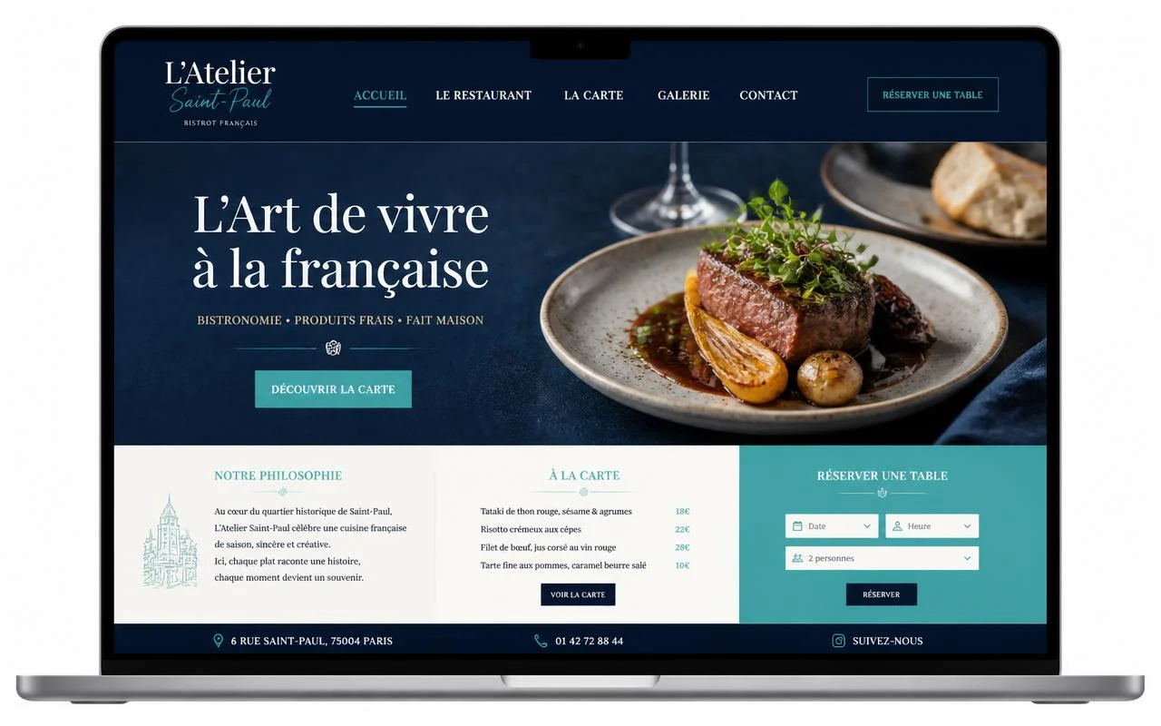 Maquette de site pour un restaurant avec carte et réservation, démonstration EM-26